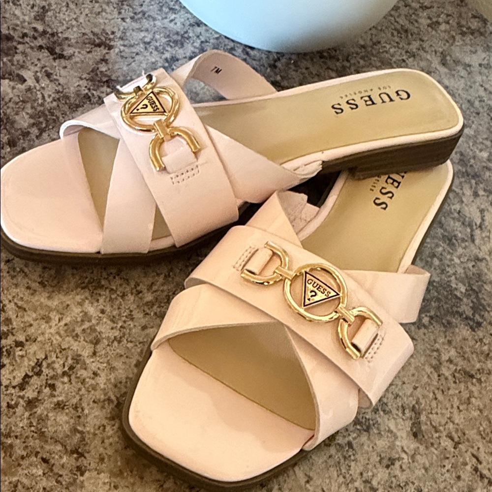 GUESS Pale Pink Slip-On Mules with Gold Chain Accent